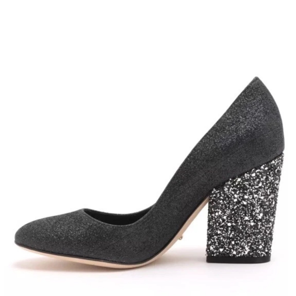 Sergio Rossi Black Glitter Block Heel Pumps Sz 37 Italy